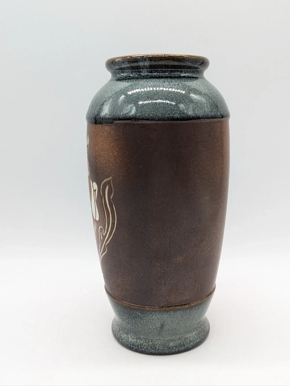 Vintage Pottery Craft Blue Brown Floral Ceramic Vase